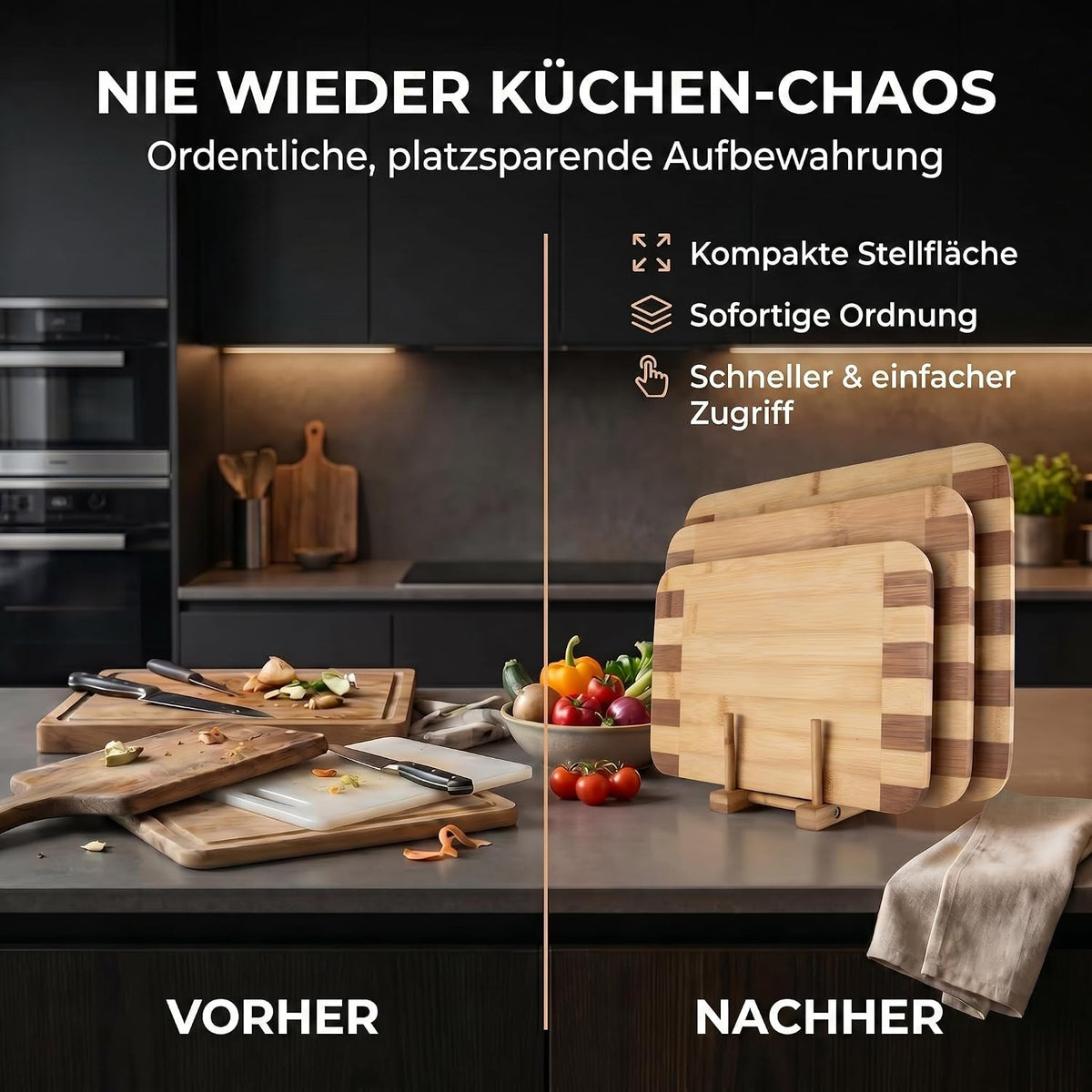 Bambus-Schneidebrett 3er Set mit Ständer – Robust & Klingenschonend