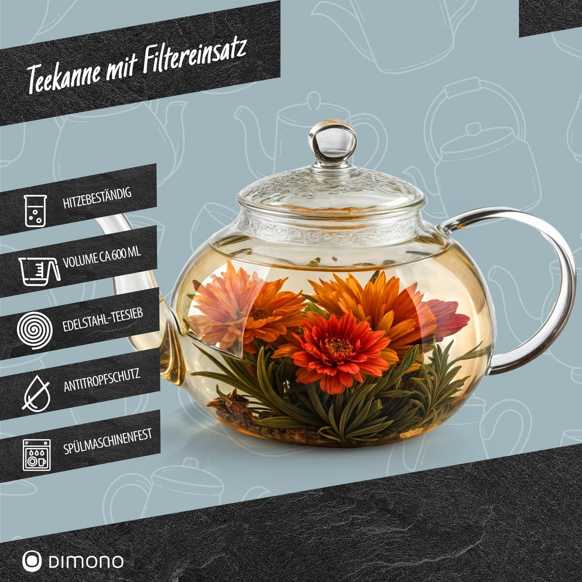 Dimono Teekanne 1500 ml aus Borosilikatglas mit feinem Teesieb