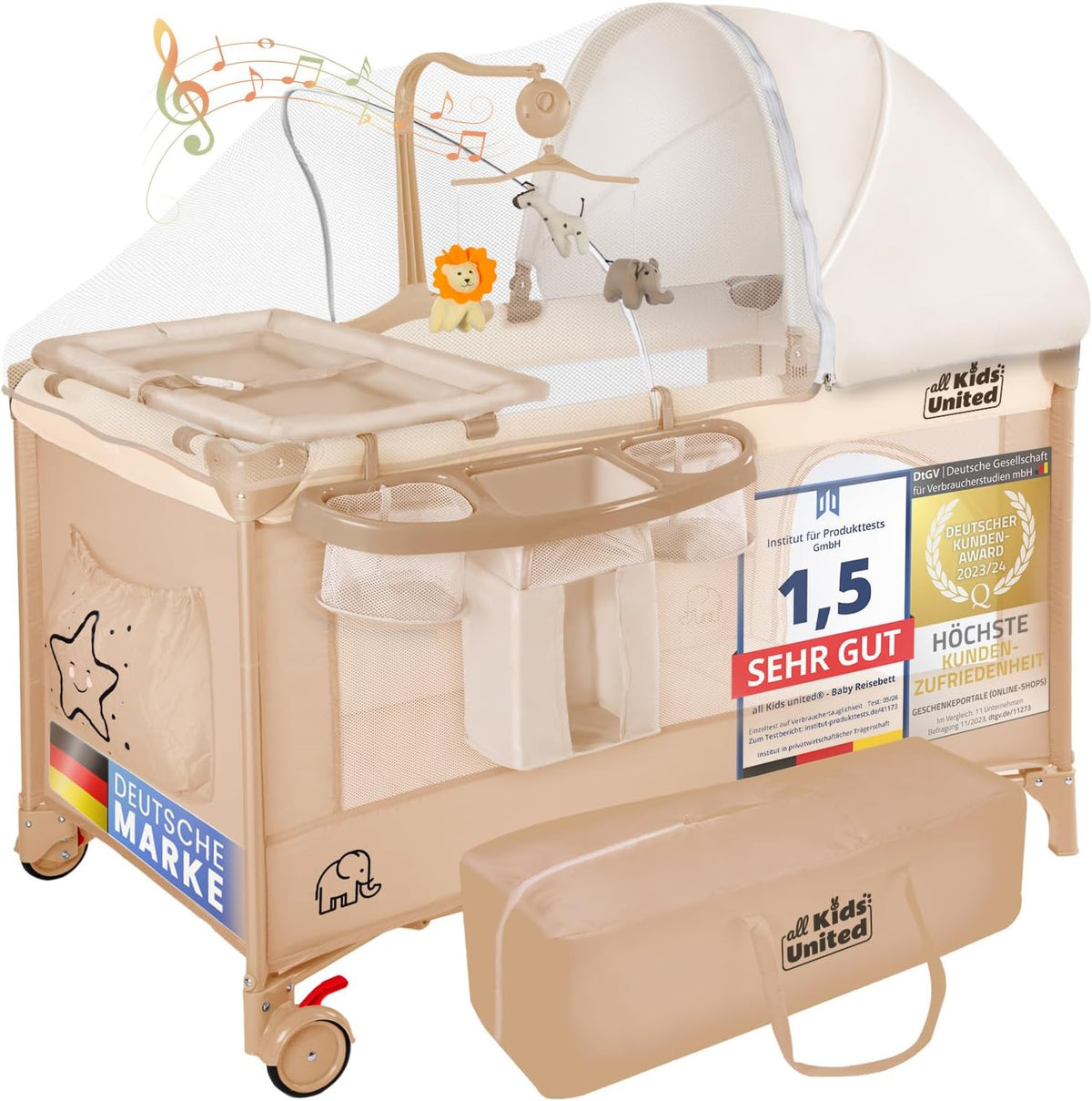Baby Reisebett mit Wickelauflage & Mobile - Faltbar & Kompakt