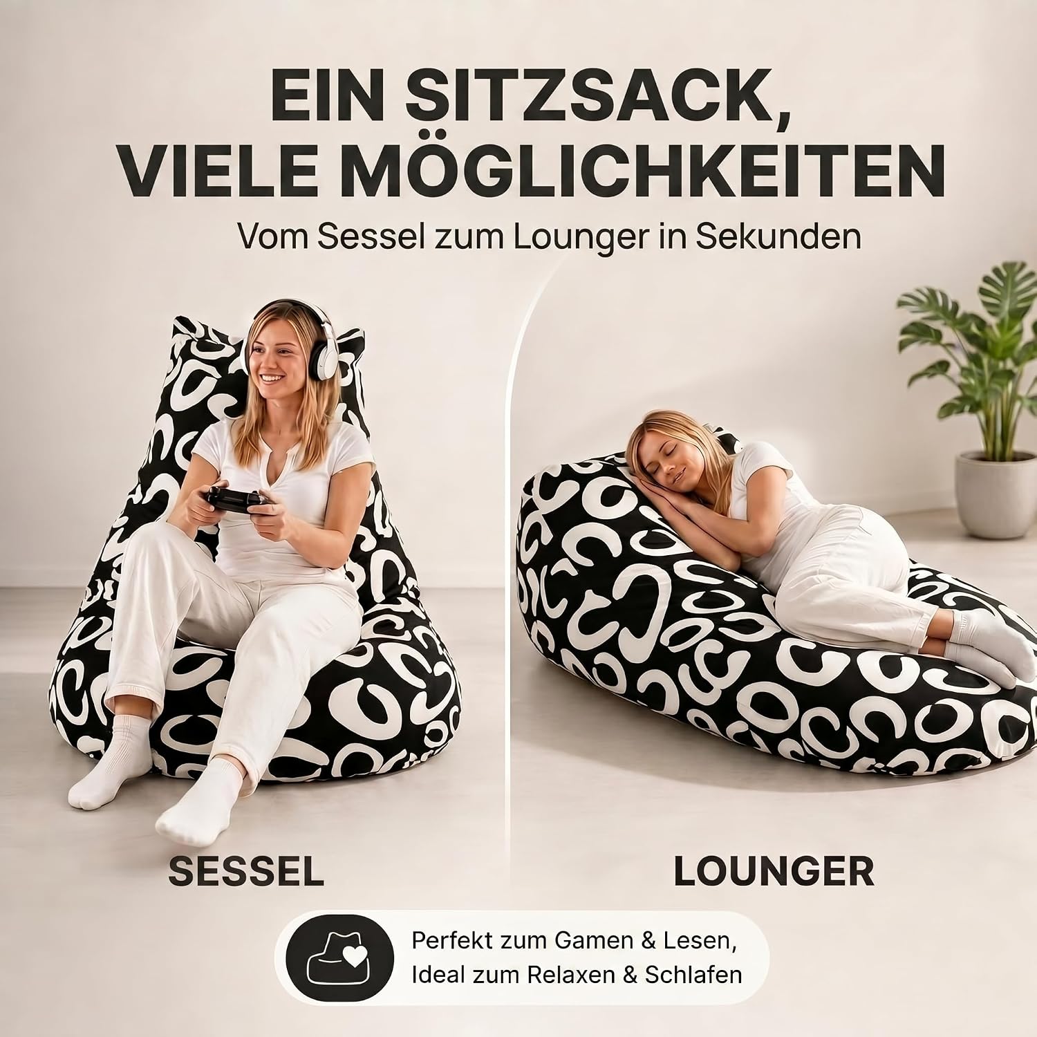 SMOOTHY Sitzsack XXL – Beany Lounge Chair für Erwachsene – Schwarz