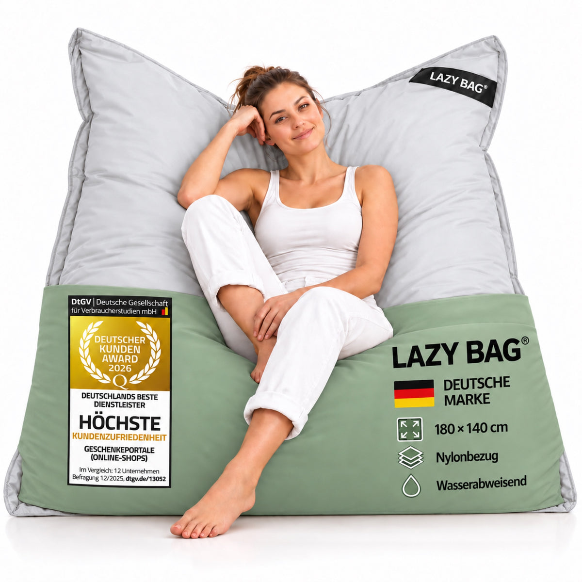 LazyBag XXL Outdoor-Nylon-Sitzsack Hellgrau – 180 × 140 cm #Farbe_Hellgrau