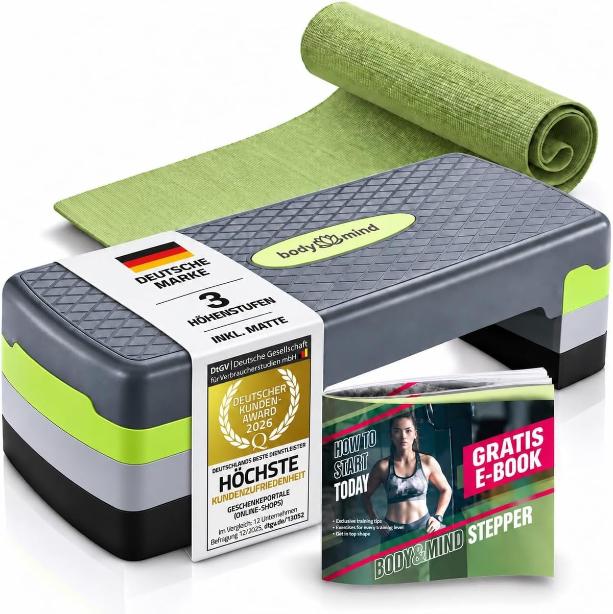 body&mind Aerobic Stepper Elite mit grüner Matte, 3 Höhenstufen und Gratis-E-Book