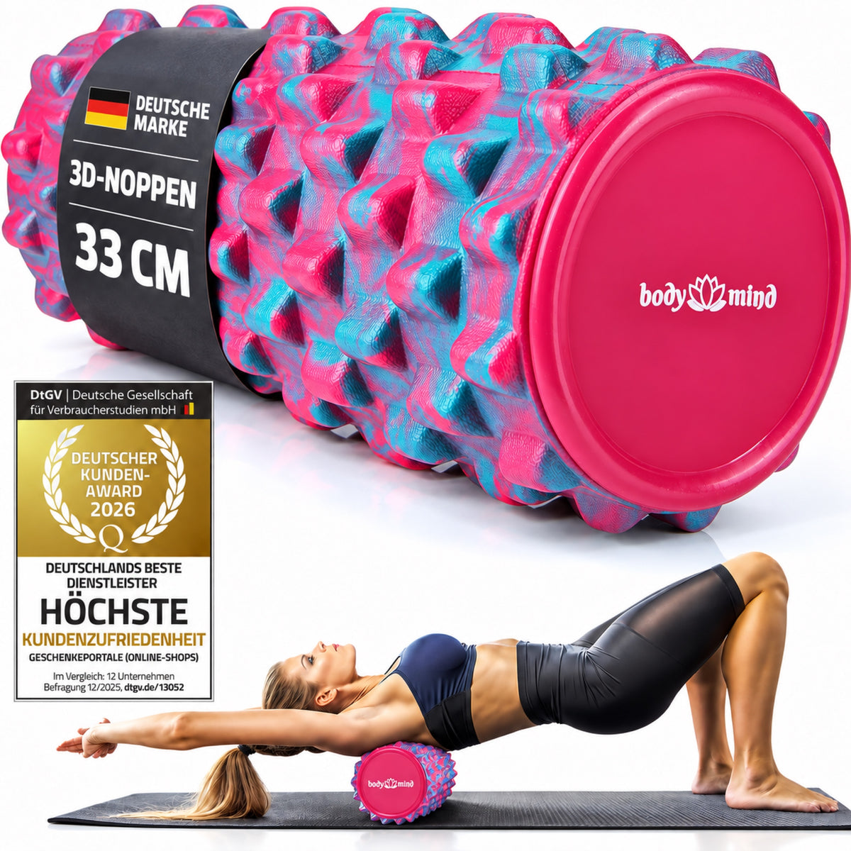 Body & Mind Faszienrolle Pink-Blau mit 3D-Noppen, Anwendungsbeispiel und Deutscher Kunden Award 2026 #Farbe_Pink-Blau