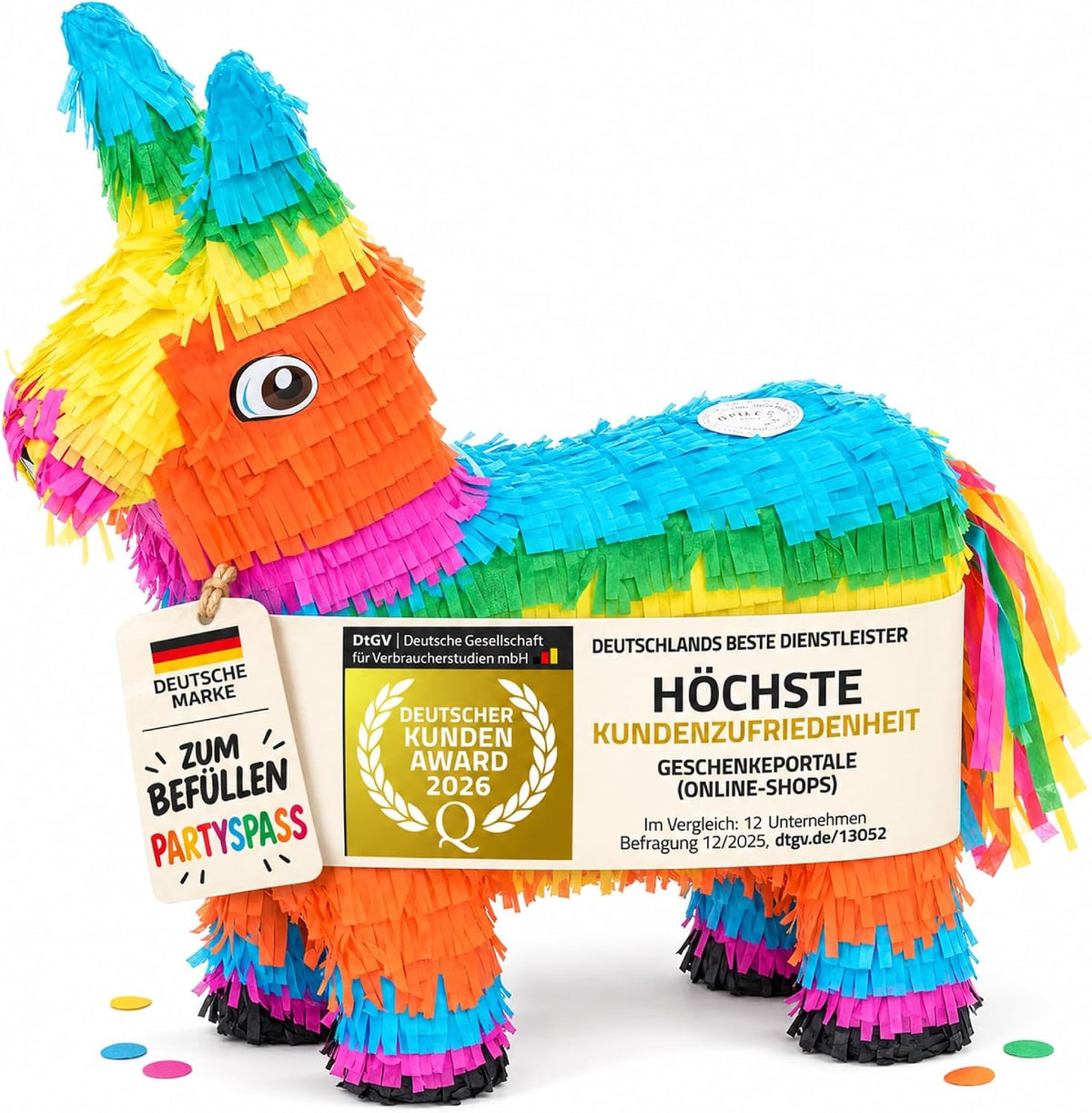 Esel-Piñata mit erlaubt angebrachtem Kundenzufriedenheitssiegel, ohne Prüfengel