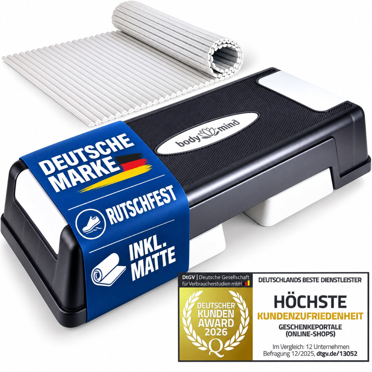 body&mind Stepper Elite Deluxe – schwarze Plattform, weiße Matte, Deutsche Marke