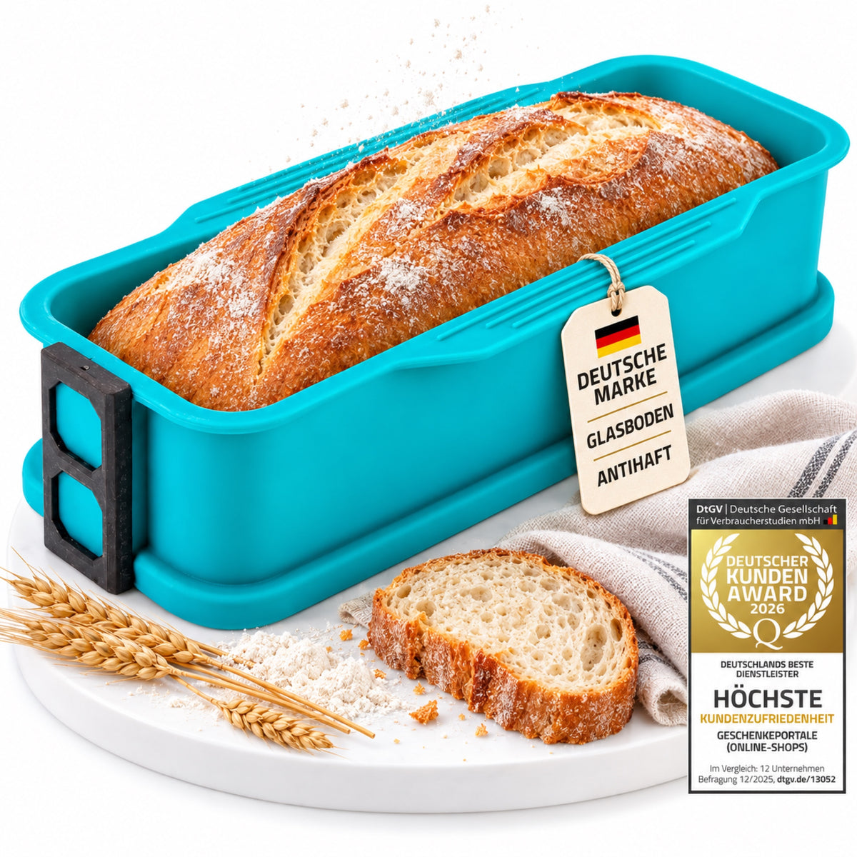 Türkisfarbene Silikon-Kastenform mit Brot, Glasboden, Deutsche Marke und Deutscher Kunden Award 2026 #Farbe_Archiv