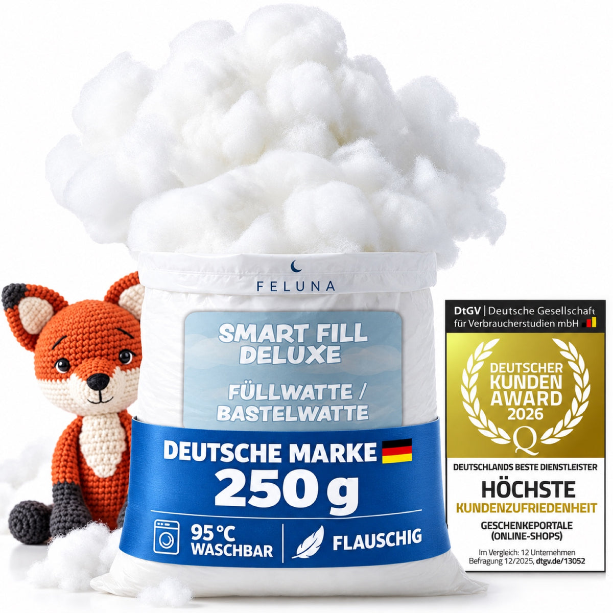 Feluna Smart Fill Deluxe Füllwatte 250 g – Deutsche Marke, 95 °C waschbar, flauschig