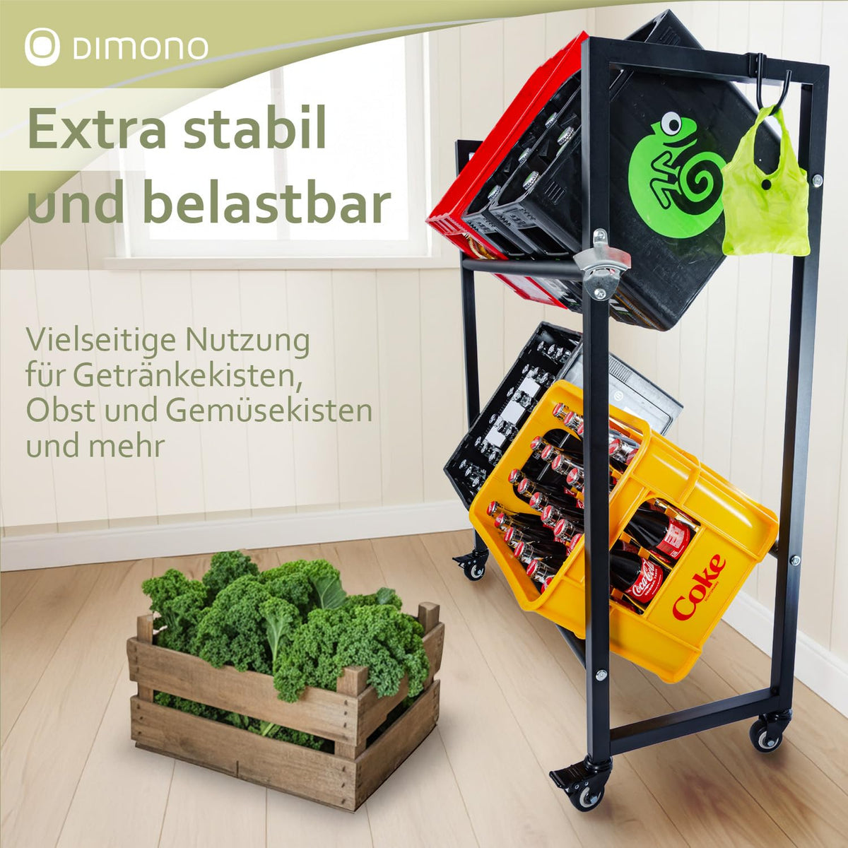 Rollbares Getränkekistenregal aus Metall – PT01 #Variante_4 Kästen