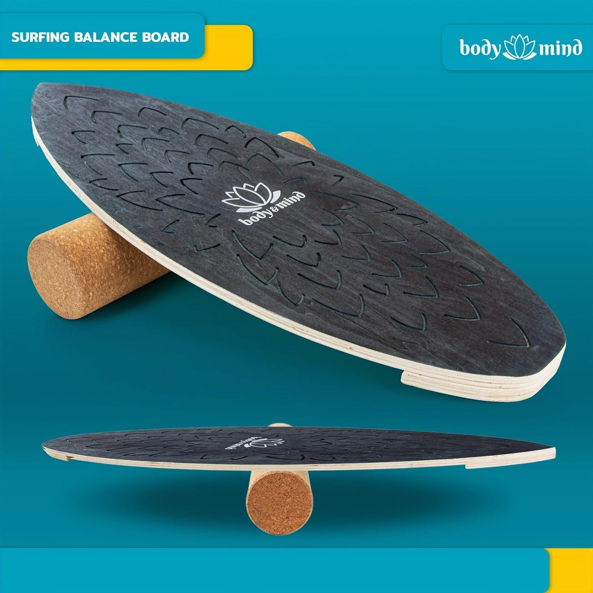 Balance-Board Surfbrett mit Korkrolle & Ständer – Fitness Board 80 cm