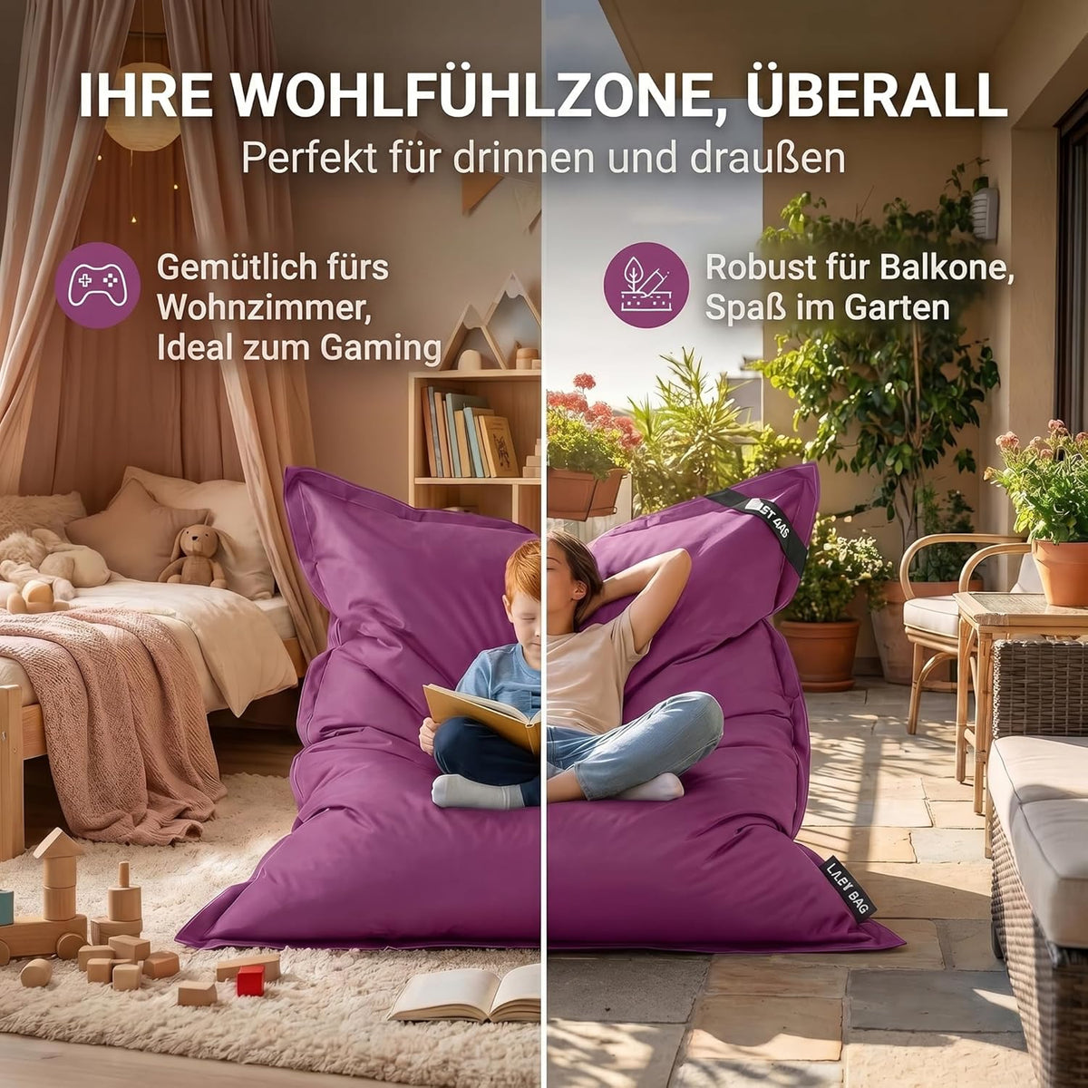 LazyBag Outdoor Sitzsack Junior – Wasserfestes Sitzkissen für Kinder #Farbe_Violett