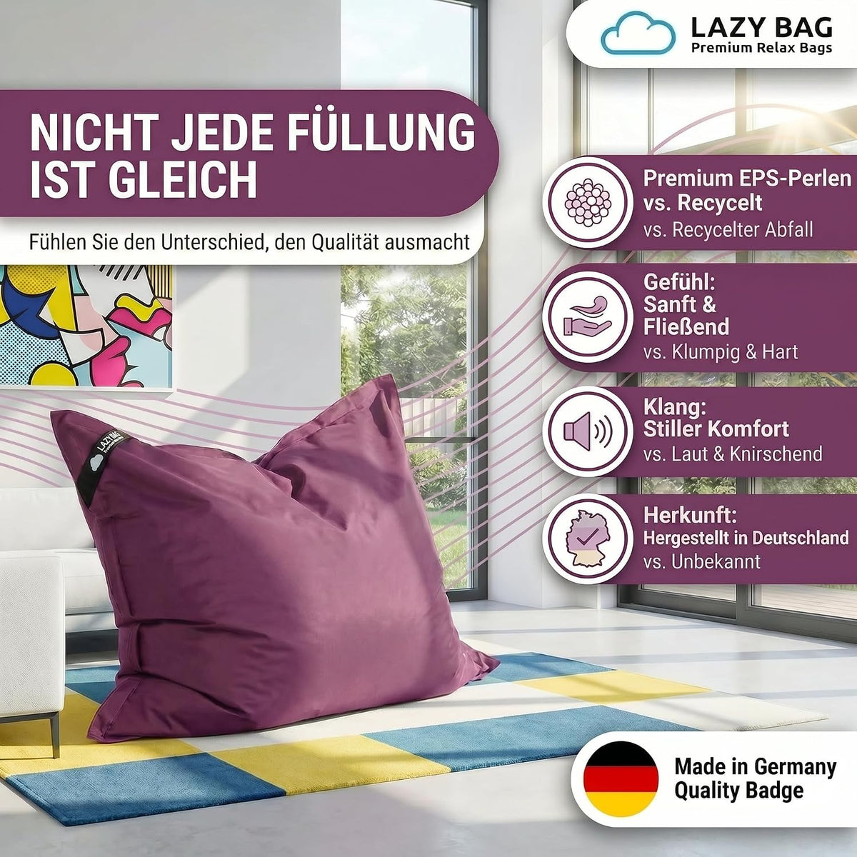 LazyBag Outdoor Sitzsack Junior – Wasserfestes Sitzkissen für Kinder #Farbe_Violett