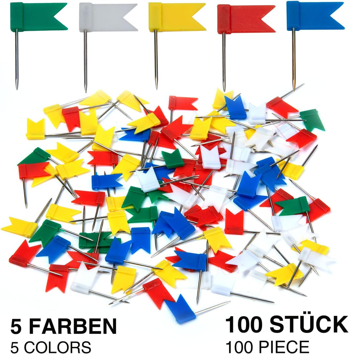 100 Markierungsfähnchen für Pinnwände & Weltkarten – 5 Farben Mix
