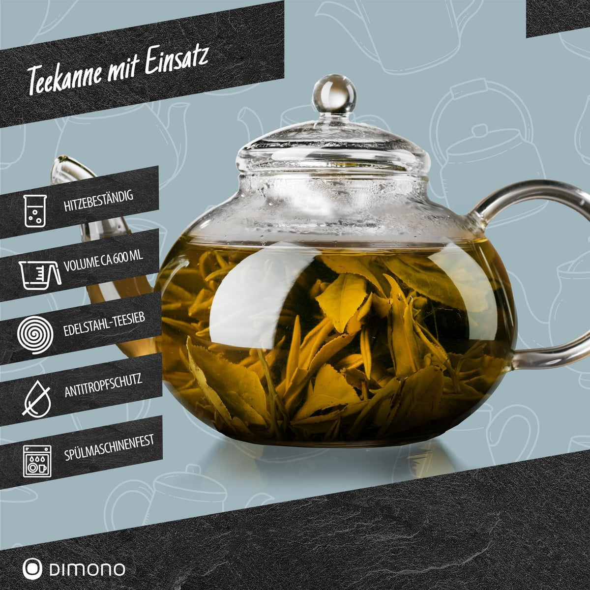 Dimono Teekanne 1500 ml aus Borosilikatglas mit feinem Teesieb