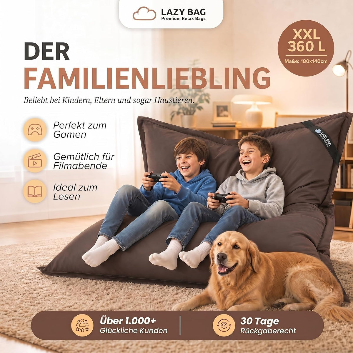 LazyBag XXL Sitzsack 180x140 cm aus Baumwolle – 400L Komfort