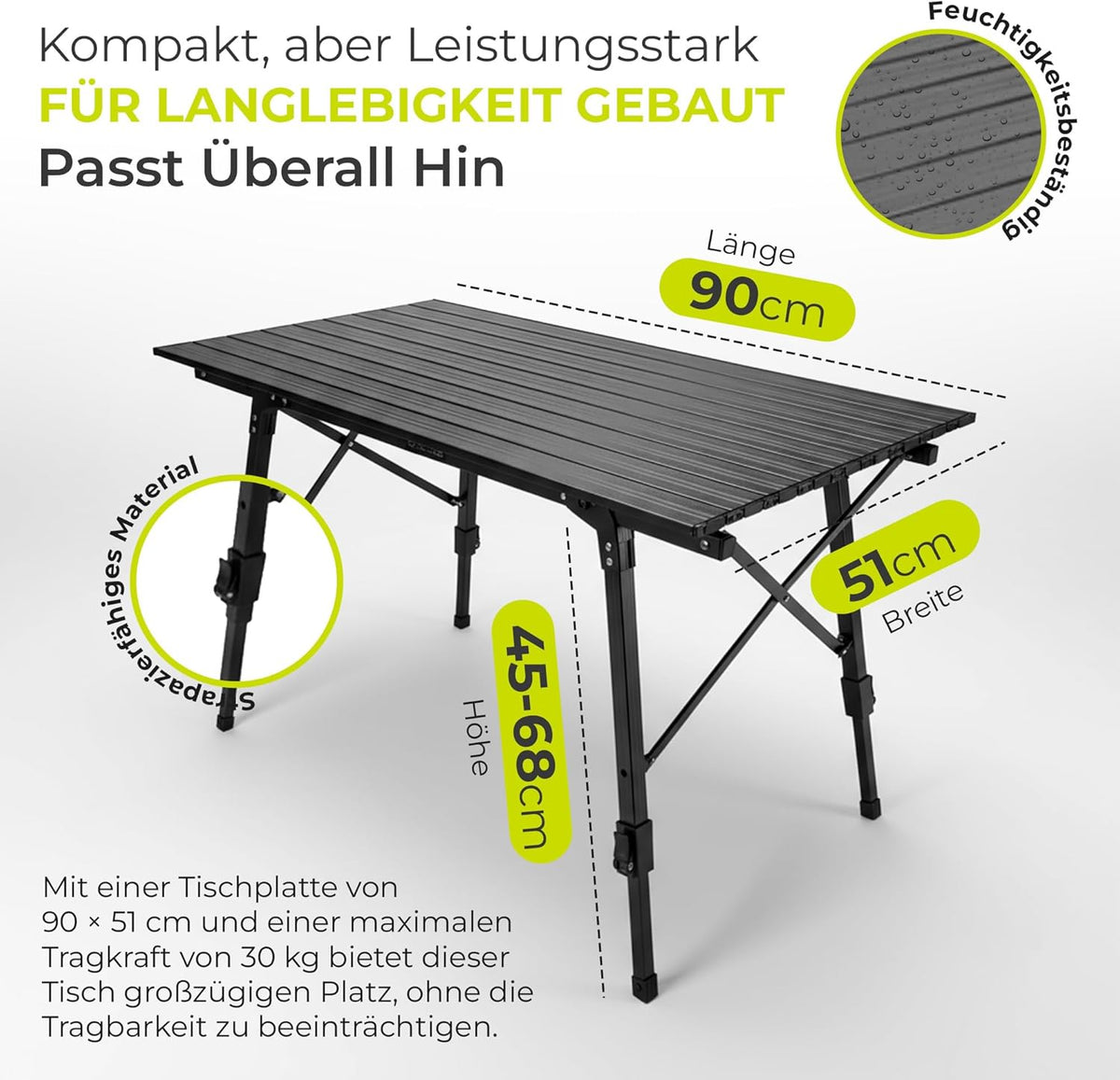 Faltbarer Campingtisch aus Aluminium mit Rollplatte & Tasche