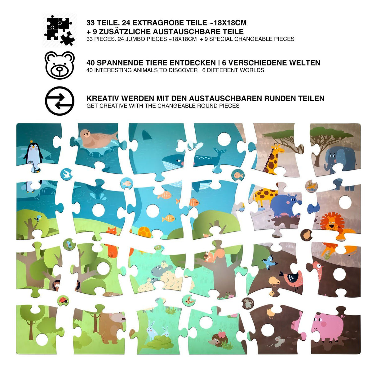Tierpuzzle, Kinderpuzzle – Tiere entdecken, XXL 90×60 cm, 33 Teile, ab 2 J. – Default Title – SKU 99440202 – PT03