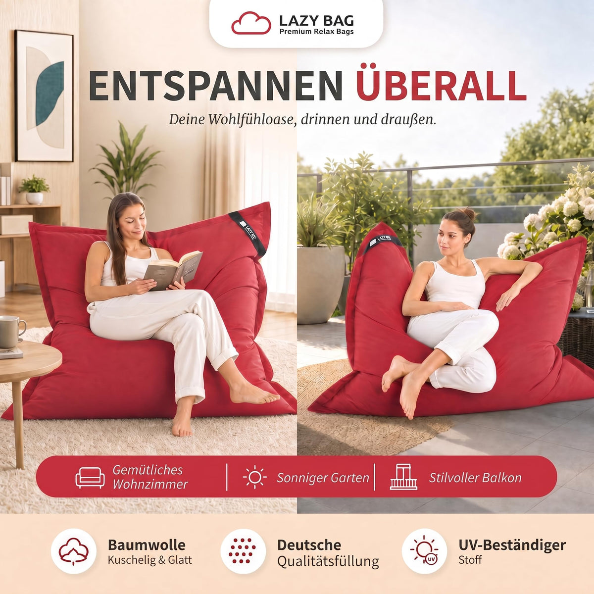 LazyBag XXL Sitzsack 180x140 cm aus Baumwolle – Rot – PT01 #Variante_Rot