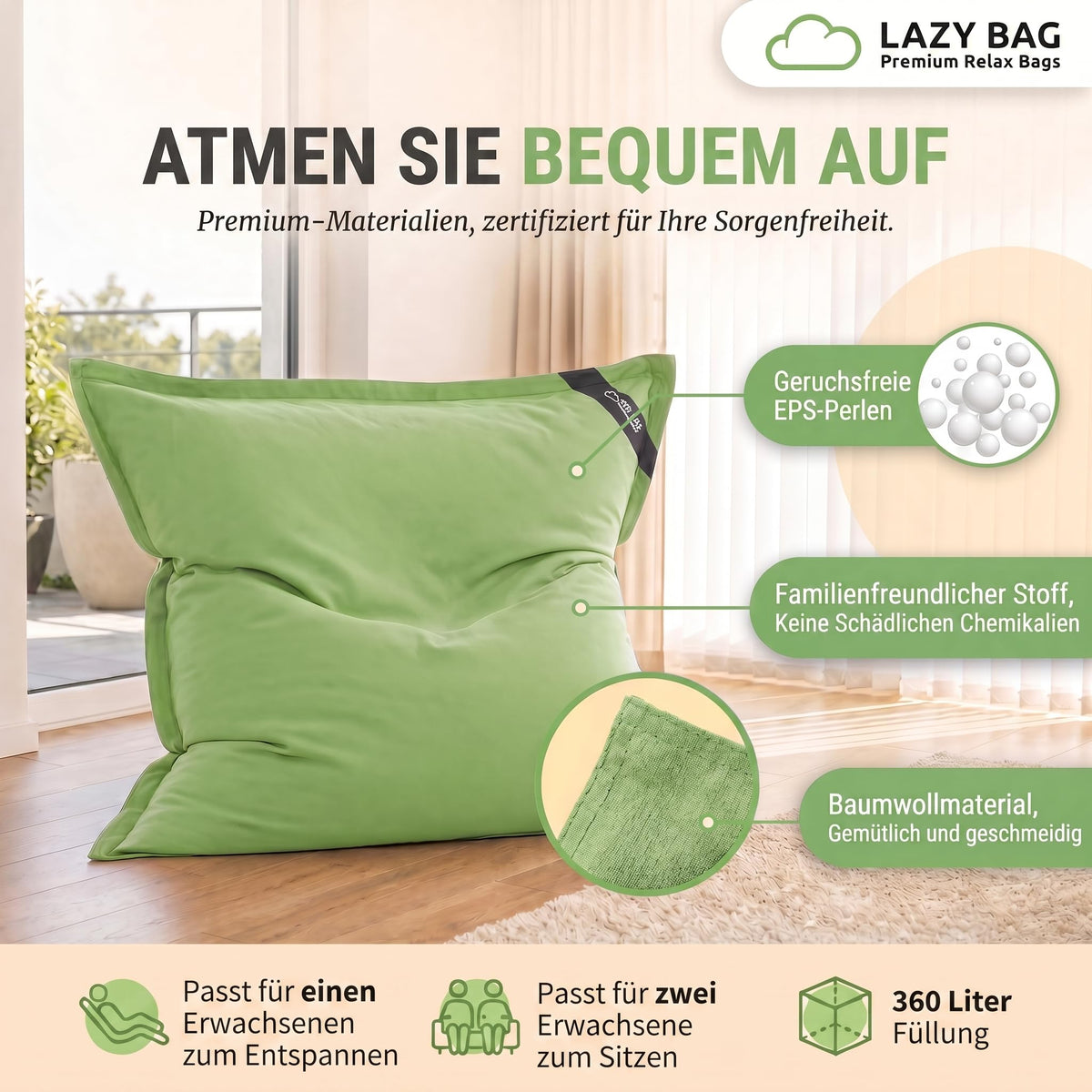 LazyBag XXL Sitzsack 180x140 cm aus Baumwolle – Grün – PT03 #Variante_Grün